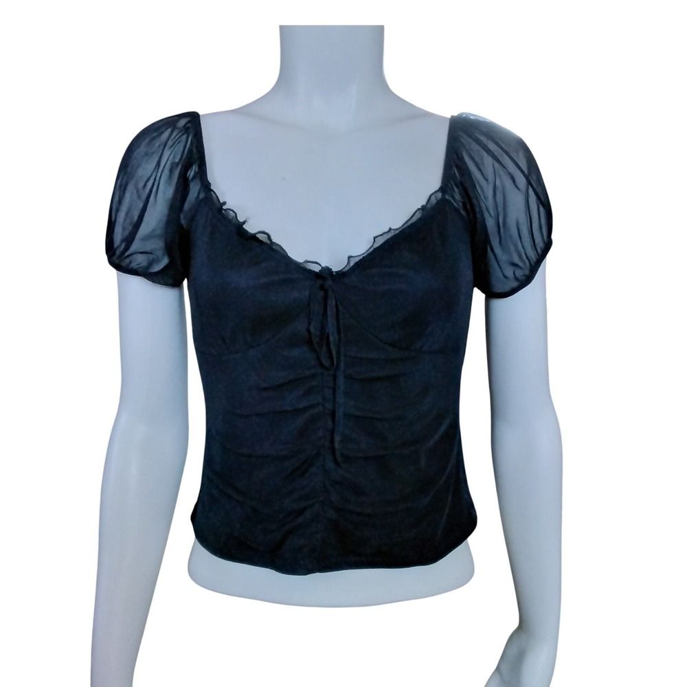 Ambiance Black Ruched Sweetheart Neck Top Sheer Puff Sleeve Womens Large